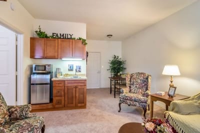Cozy interior of a resident living space with kitchenette