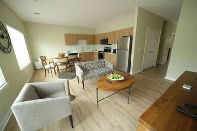 Interior view of a senior living apartment with modern decor