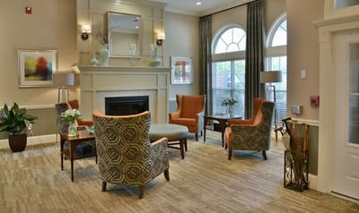 Cozy common area with seating and fireplace