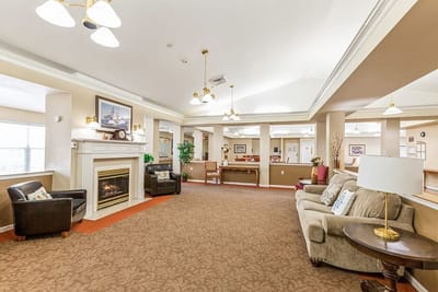 Interior common area with seating and fireplace