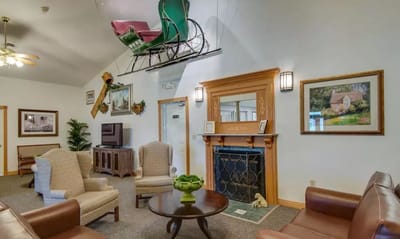 Interior common area with seating and decorative elements
