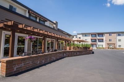 Outdoor seating area and building exterior