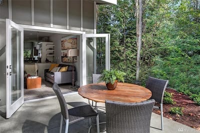 Outdoor seating area with a view into the living space