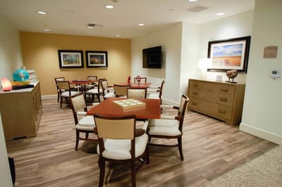Interior view of a cozy common area with seating