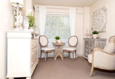 A cozy interior view of a resident's room