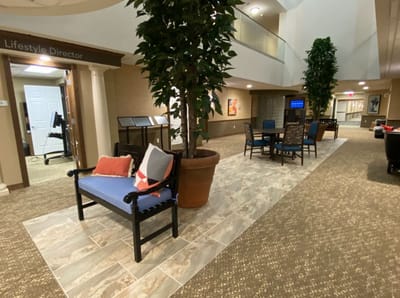 Bright interior of a common area with seating