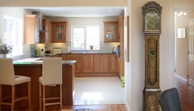 Interior view of a kitchen with wooden cabinets