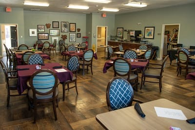 Dining area with tables set up for meals