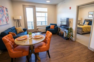 Bright, inviting common area with comfortable seating