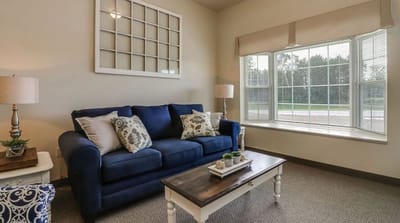 Cozy interior living area with blue couch