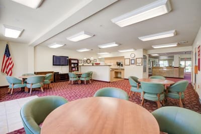Interior view of a common area with seating