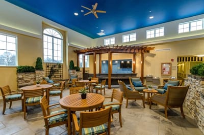 Interior lounge area with seating and tables