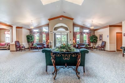 Interior common area with seating and natural light