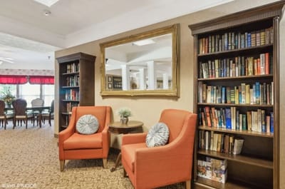Cozy interior living space with bookshelves and seating