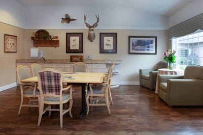 Bright interior common area with seating and decor