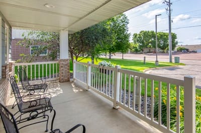 Outdoor seating area with views of the green space