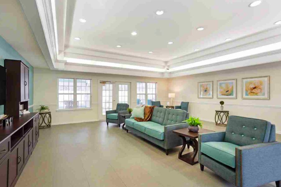 Bright common area with seating and decor
