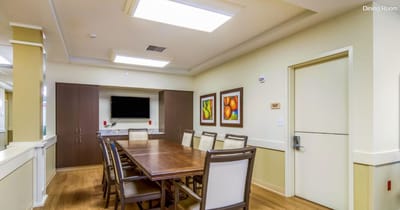 Interior view of the dining room with a large table