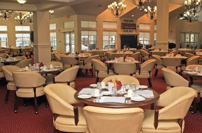 Dining room set for a meal at Heatherwood.