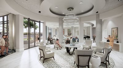 Bright interior common area with residents and staff