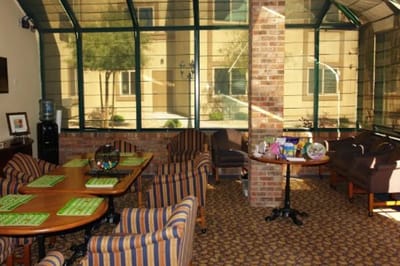 Bright common area with seating and decor