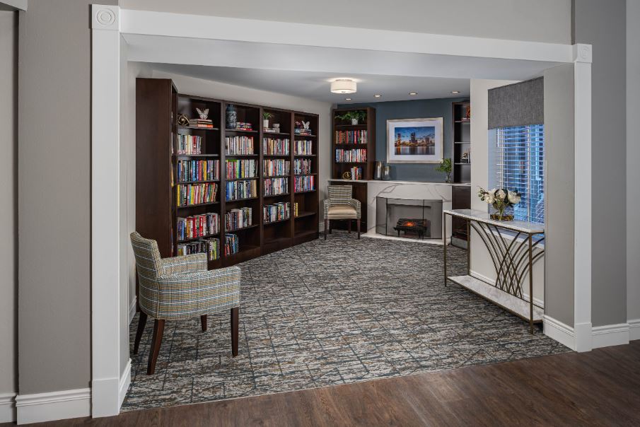 Cozy interior space with bookshelves and seating
