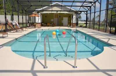 Indoor pool area with colorful balls and seating
