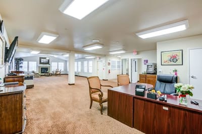 Interior view of a common area with furniture and decor