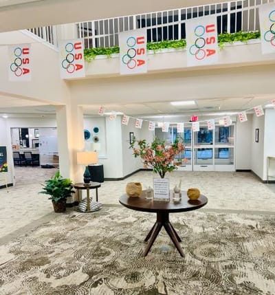 Lobby area decorated for an event with Olympic theme