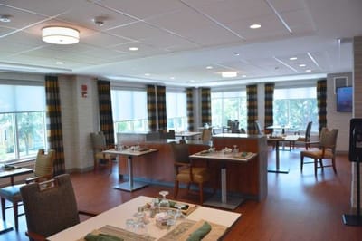 Bright and spacious common area with seating