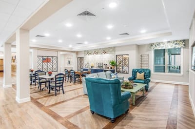 Bright common area with seating and decor