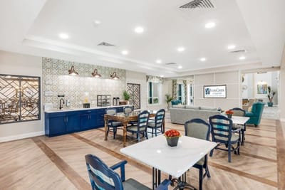 Bright common area with seating and decor
