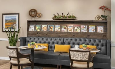 Cozy indoor seating area with magazines and plants