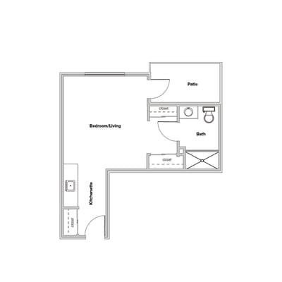 Architectural floor plan of a one-bedroom unit
