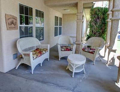 Outdoor seating area with chairs and a table