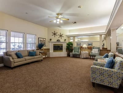 Cozy common area with seating and fireplace