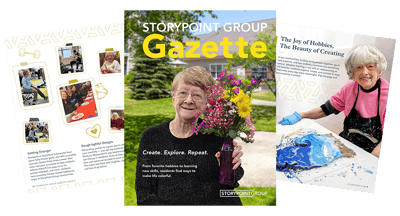 A newsletter spread featuring activities and residents at a senior living community