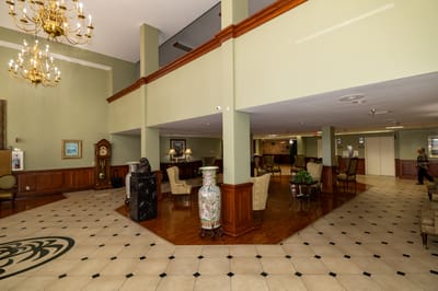 Spacious lobby area with elegant furnishings