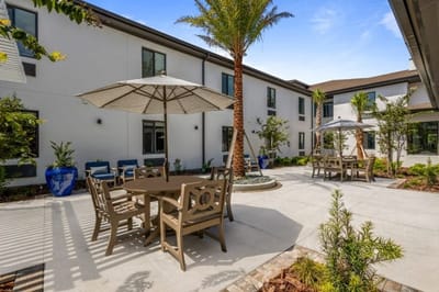 Outdoor courtyard with seating and palm trees