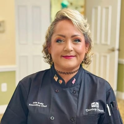 Chef Erin Kelly in her kitchen uniform at Dunlop House