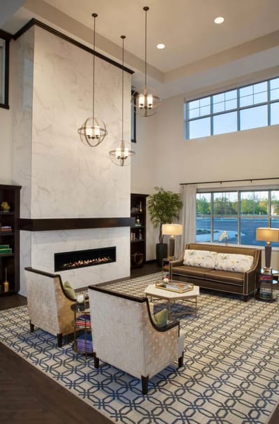 Bright common area with modern decor and seating