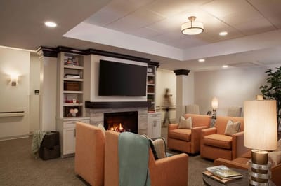Cozy common area with seating and fireplace