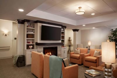 Comfortable lounge area with seating and fireplace