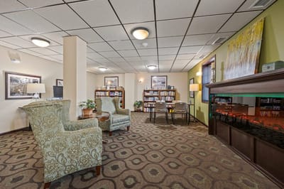 Cozy interior lounge area with bookshelves and seating