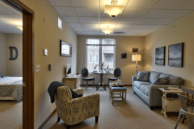 Cozy interior view of a private resident room
