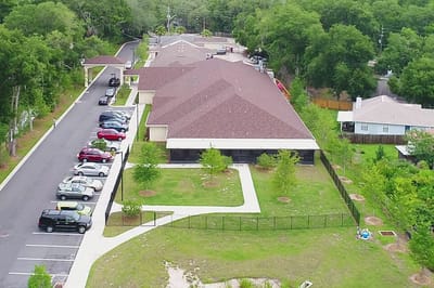 Aerial view of the assisted living facility and grounds