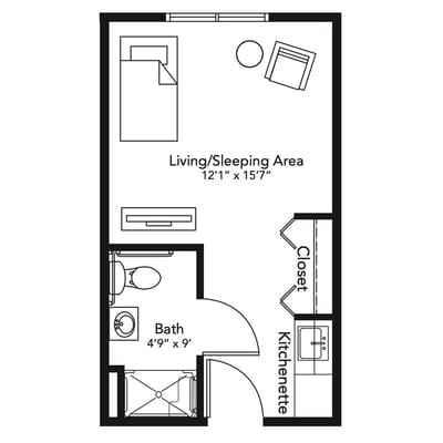 Floor plan of a living/sleeping area with kitchenette