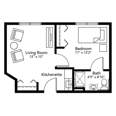 Architectural floor plan displaying a living room and bedroom layout