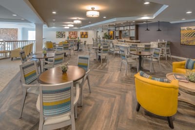 Bright common area with modern furniture and decor
