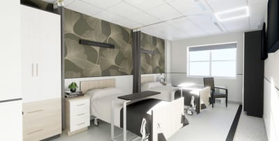 A brightly lit shared resident room with two beds